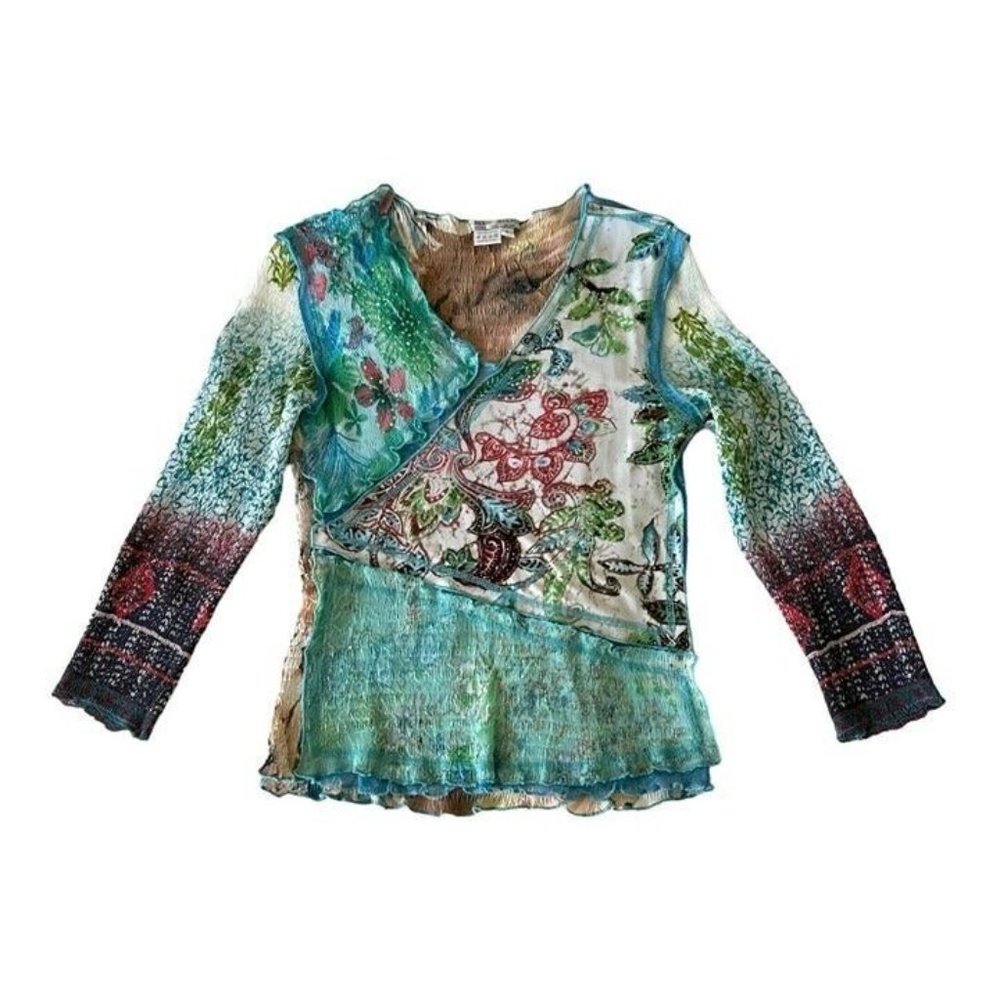 Alberto Makali rare vintage rouched, sequin, glitter 3/4 sleeve top. Size S.